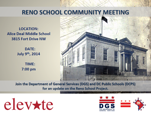 Reno School Project Update Community Meeting Flyer July 9, 2014 (Accessible version available, below)