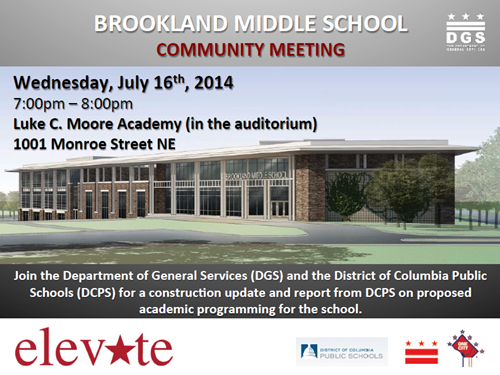 Brookland Middle School Community Meeting - Construction Update Flyer July 16, 2014 (Download accessible version, below)