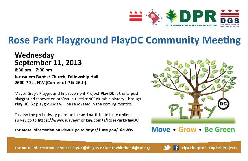 Rose Park Playground PlayDC Community Meeting flyer graphic