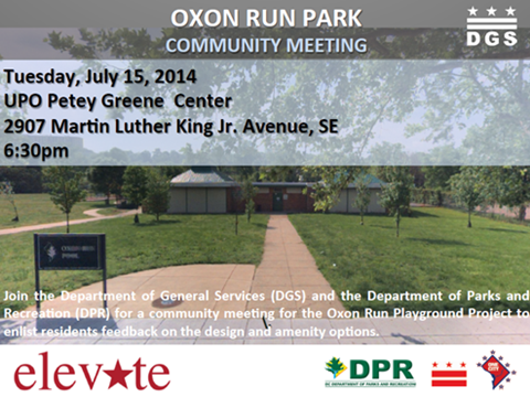 Oxon Run Playground Project Community Meeting Flyer July 15, 2014 (Download an accessible version, below)