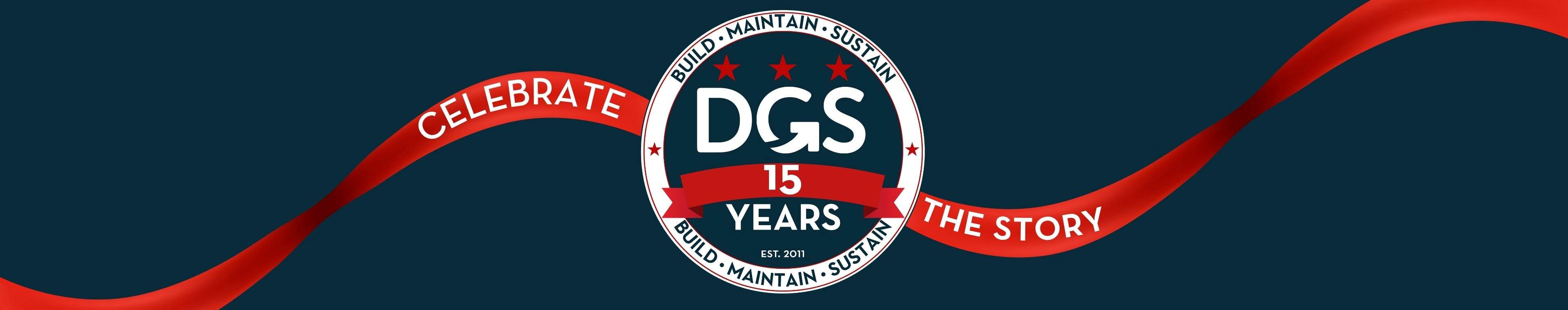 Celebrate DGS' 15-Year Anniversary Banner with red ribbon through a 15-year anniversary logo