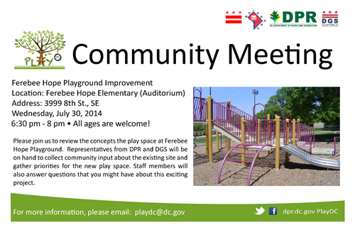 Ferebee Hope Playground Improvement Community Meeting Flyer July 30, 2014 (Download an accessible version, below)