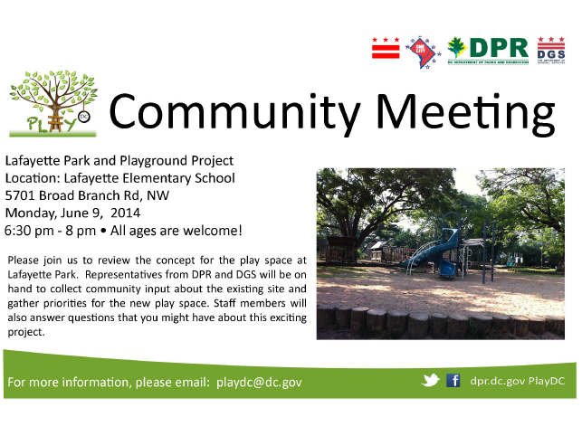Lafayette Play DC Playground Pre-Construction Community Meeting June 9, 2014 Flyer - Download the attachment below to view an accessible version of this flyer.