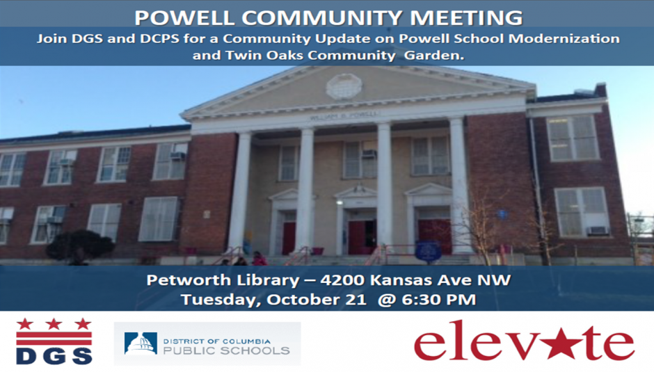 Powell School Modernization and Twin Oaks Community Garden Community Meeting Flyer