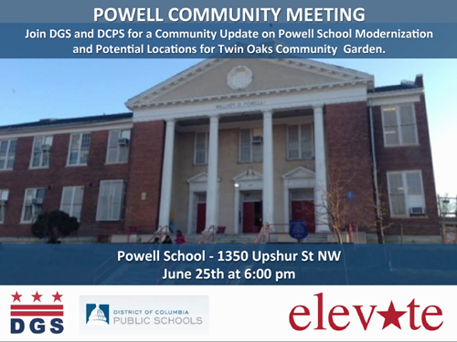Powell Elementary School Modernization Project and Twin Oak Community Garden Meeting Flyer - June 25, 2014 (Download accesible version, below)
