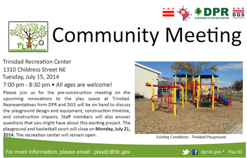 Trinidad Play DC Playground Project Pre-Construction Community Meeting Flyer July 15, 2014 (Download an acessible version, below)