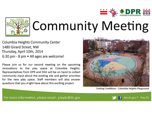 Columbia Heights PlayDC Playground Community Meeting flyer (April 10, 2014)