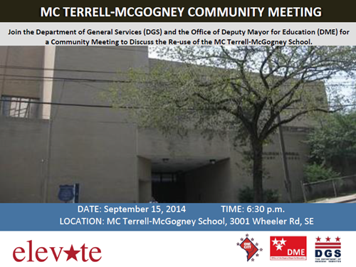 MC Terrell-McGogney School Re-Use Community Meeting Flyer - September 15, 2014 at 6:30 pm (Download an accessible version, below)