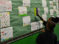 Stanton third graders show off their signs on litter prevention and waste reduction.