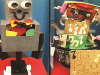 Two examples of playful recycling bin robots created by students at Mamie D. Lee School.